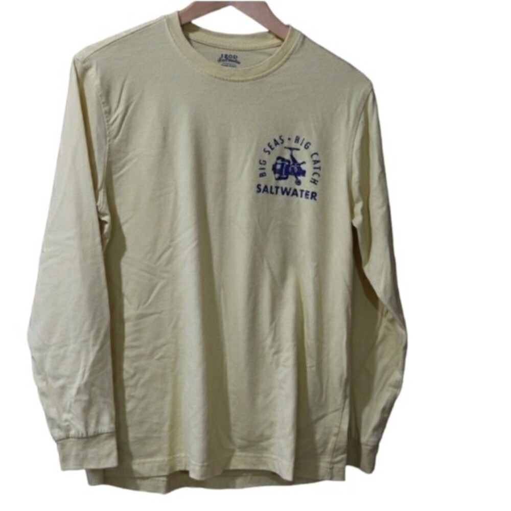 Izod Saltwater Pale Yellow Long Sleeve Graphic Fish Ocean Beach Tshirt Relaxed
